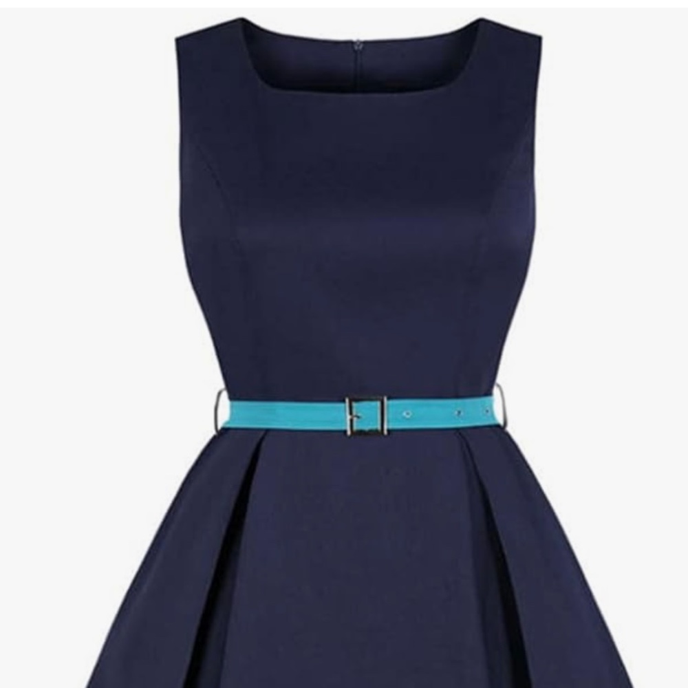 Navy Blue and Blue Scoop Neck Retro Midi Dress with Pockets and Belt, Size Small - Picture 4 of 12